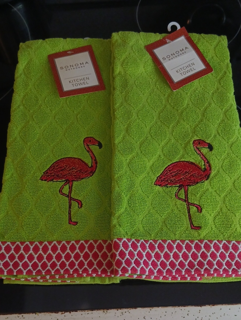 Gorgeous! Sonoma Lime Green Towels with Pink Flamingo 🦩 Embroidery - Set of 2🦩